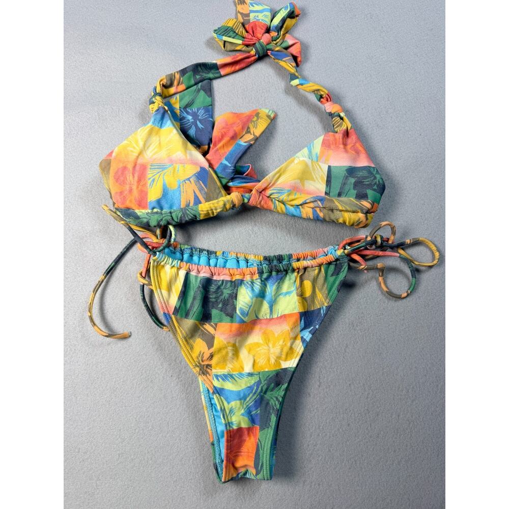 O'Neill Triangle Bikini Set Tropical Floral Print Halter Thong Medium